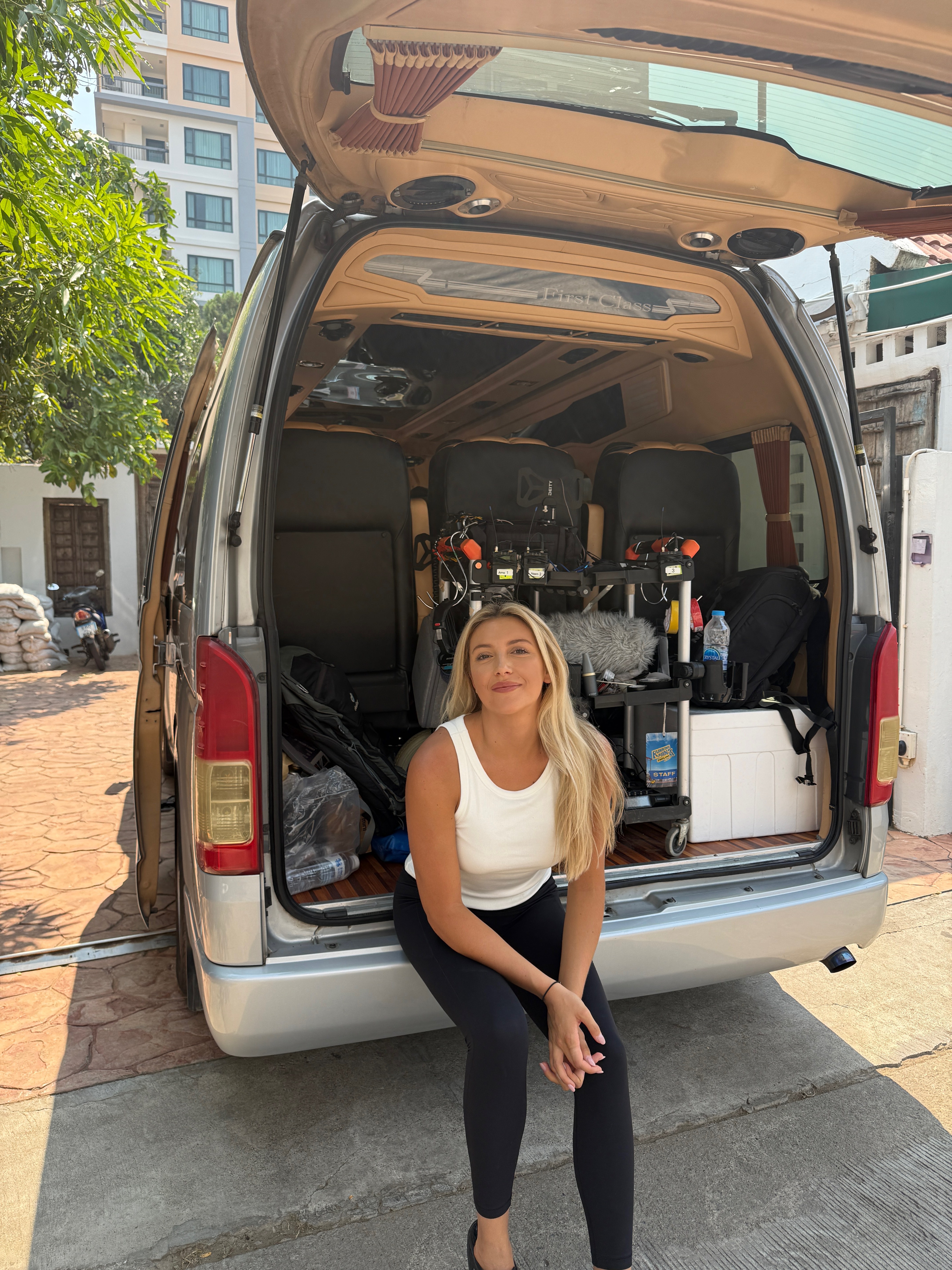 Loading out — the whole kit packed into the back of the transport van.