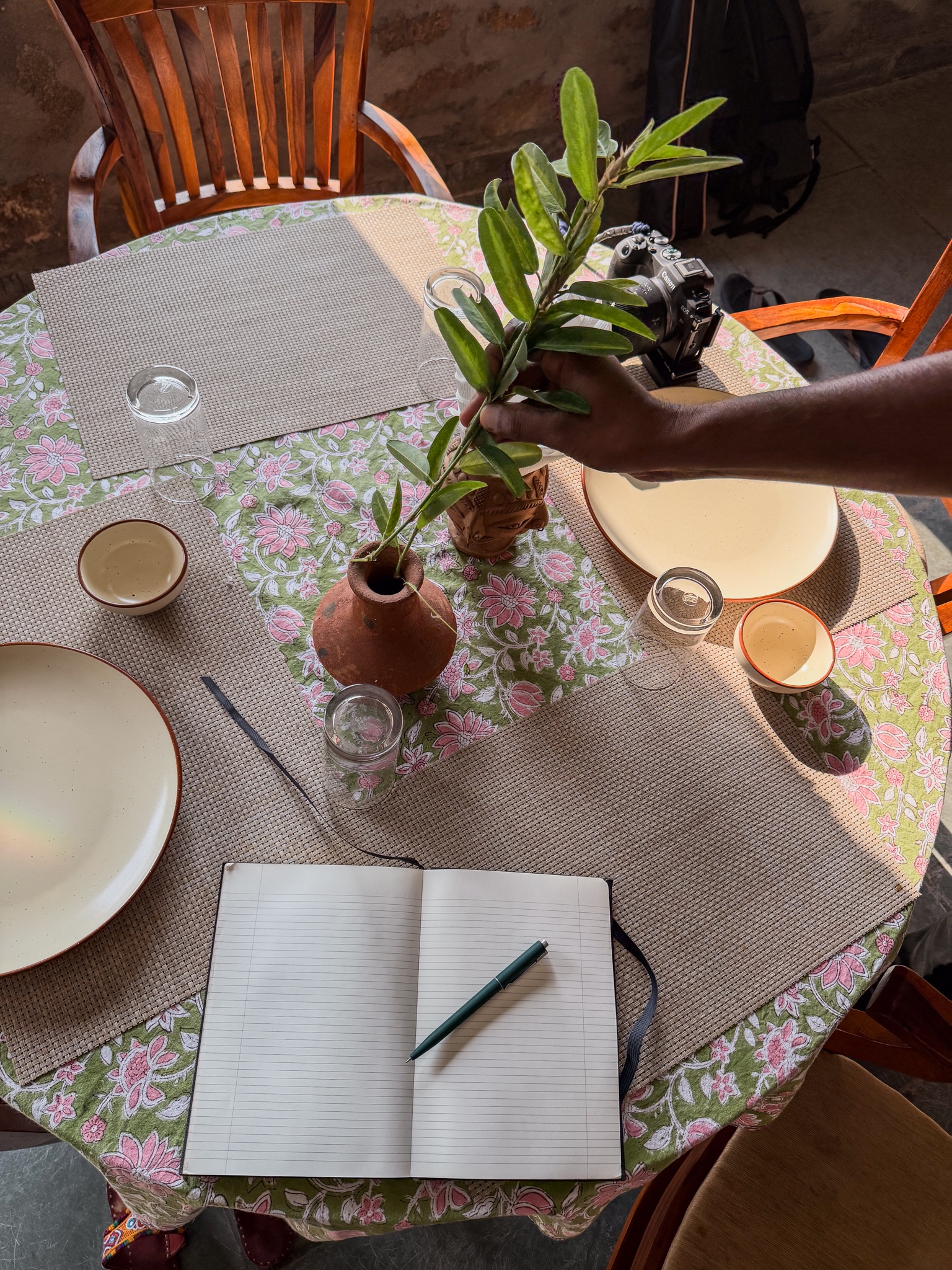 Field table — camera, notebook, and a cutting set in clay between meals.