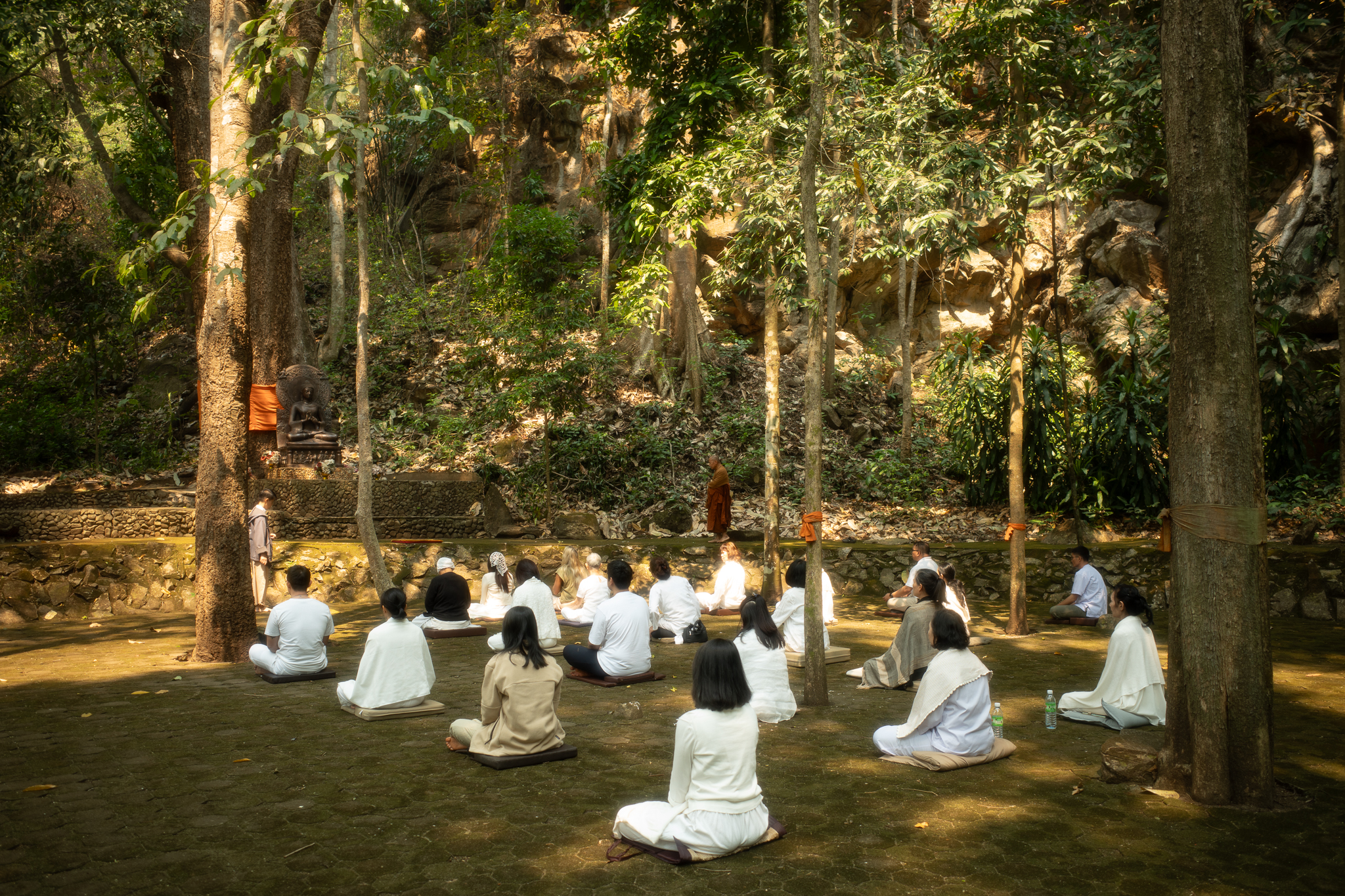 A group dressed in white meditating beneath the trees of a forest temple in Thailand